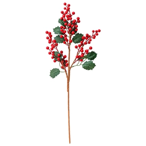 Artificial red berry branch with green leaves for Christmas tree and festive window display