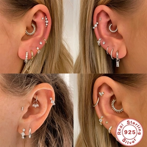 S925 sterling silver cartilage hoops and stud earrings set with clear zircon stones