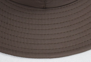 Detail of dark brown sun hat brim with durable reinforced six-row stitching lines