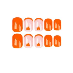 Short round French orange heart press on nails set with glossy pink base and heart patterns