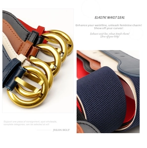 Detail of elastic waist belts in various colors featuring golden metal double ring buckles