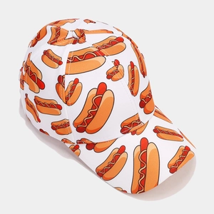White baseball cap with all-over hot dog print and adjustable strap for sun protection