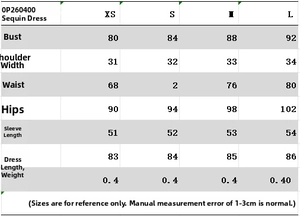 Size chart for women's sequin dress with detailed measurements for XS, S, M, and L sizes