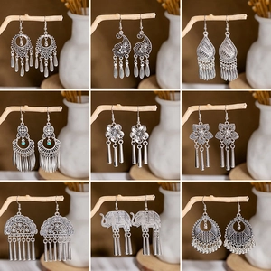 Retro Ethnic Bohemian Zinc Alloy Tassel Drop Earrings With Stainless Steel Earring Post Vintage Hollow Out Dangle Jewelry