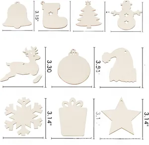 Detail of DIY Christmas wooden ornaments showing 10 assorted shapes with size dimensions