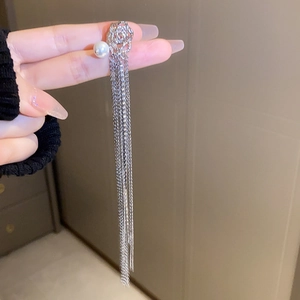 Long Tassel Ear Cuff Alloy Rhinestone Imitation Artificial Pearl Non Pierced Clip On Earrings Silver Elegant Jewelry Women