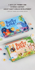 Detailed view of two early education busy books with ocean and farm themed puzzles