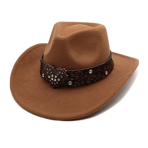 Brown felt cowboy hat with heart buckle and rhinestone belt for men and women