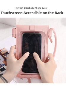 Pink PU leather crossbody phone bag featuring a transparent touch-screen back window