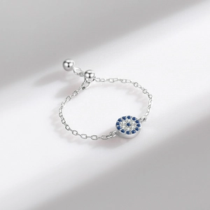 S925 sterling silver evil eye chain ring with micro-paved blue and white crystals