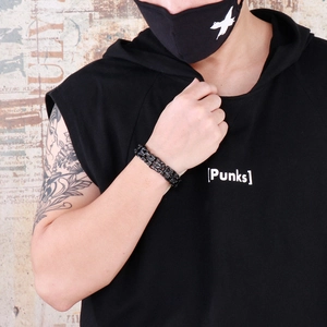 Detailed view of heavy black stainless steel Byzantine chain bracelet in punk style