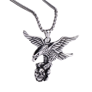 Punk eagle and skull pendant necklace in silver finish with detailed eagle wings