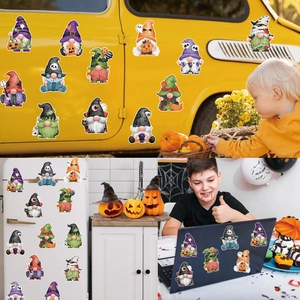 Halloween gnome magnets displayed on a car door, refrigerator and laptop case