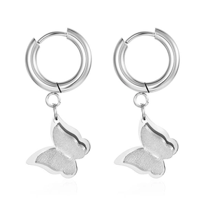 Detail of silver stainless steel hoop earrings featuring frosted butterfly pendants