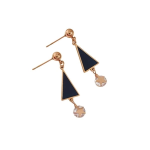 Elegant rose gold earrings with black triangle and star-shaped zircon crystals on white background