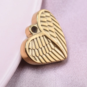 Polished 18k gold plated heart pendant with detailed angel wing texture for DIY necklaces