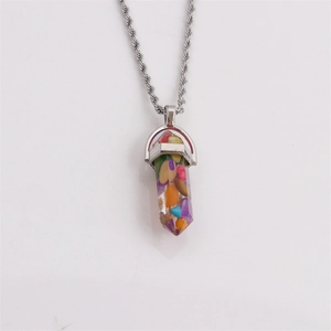 Hexagonal crystal column necklace with colorful resin gemstone shards on a silver chain