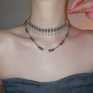 Silver Tone Alloy Necklace Spliced Bead Round Fringe Tassel Industrial Minimalist Clavicle Chain For Women
