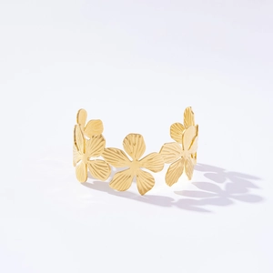 Minimalist 18K gold-plated stainless steel cuff bracelet with floral petal patterns
