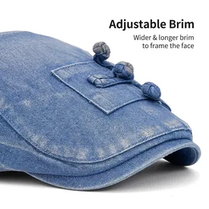 Vintage washed denim newsboy cap for women with handcrafted knot and white stitching