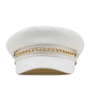 Detailed view of a white leather navy cap featuring a gold chain and metal side buttons