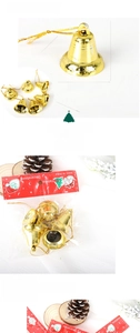 Detail view of 3cm golden Christmas bells with lanyards in 6-piece pack for tree decor