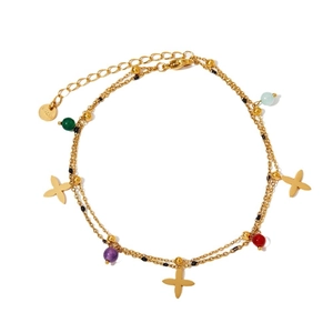 Bracelet de cheville double couche en acier doré avec perles colorées et étoiles