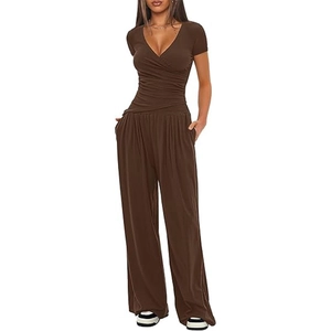 Detail of dark brown V-neck short sleeve top and high-waisted wide-leg pants set