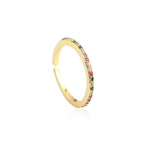 Detail of gold open ring featuring a row of vibrant multi-color micro-set zircon stones