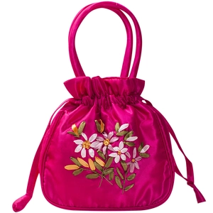 Ethnic rose red satin handbag with ribbon embroidery floral patterns and drawstring closure