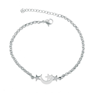 Detail of silver titanium steel chain featuring hollow moon and star charms with lobster clasp