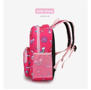Pink unicorn kids backpack side view featuring colorful donuts and rainbow prints