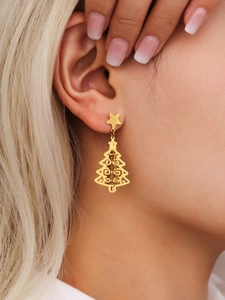 Detailed close-up of a 3D hollow Christmas tree earring in 18K gold-plated finish
