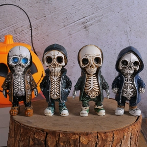 Set of 4 Halloween skeleton figurines wearing colorful hoodies for festive home decor