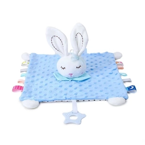 Detail of blue textured baby security blanket with white rabbit head and star-shaped teether