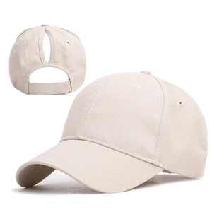 Beige ponytail baseball cap for women with adjustable velcro closure and sun protection