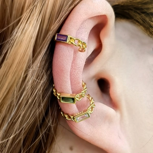 Three gold 925 silver ear cuffs with purple, green and clear gems with FREE engraving