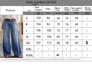 Tableau détaillé des tailles pour jeans vintage à jambes larges et mesures de taille