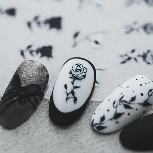 Minimalist 5D nail art stickers with matte black and white rose bow patterns