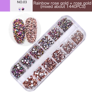 Detailed set of 1440pcs rainbow and rose gold glass rhinestones for nail art designs