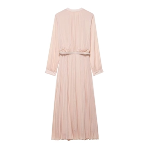 Elegant pale pink pleated midi dress with long sleeves and matching belt on white background