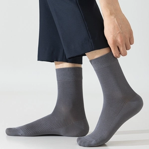 Men Business Socks Long Staple Cotton Mesh Breathable Antibacterial Solid Color Thin Mid Calf Simple Casual