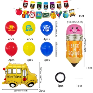 Detailed components of Back to School party set with school bus and pencil foil balloons