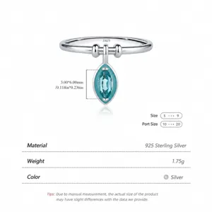 S925 sterling silver geometric ring with marquise cut teal gemstone pendant