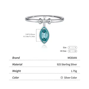 S925 sterling silver geometric ring with marquise cut teal gemstone pendant