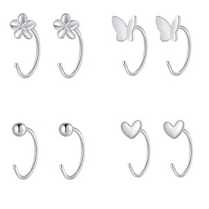 Set of four 999 sterling silver stud earrings with flower butterfly heart and bead designs