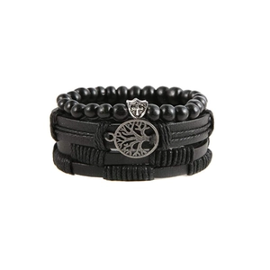 Three-piece multilayer leather bracelet set with tree of life and shield cross charms
