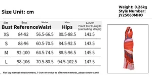 Detailed size chart for deep V neck printed bodycon dress with precise measurements