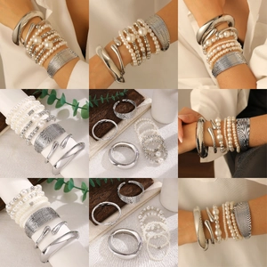 Silver metal bangle set with woven textures and cream faux pearl beads for women
