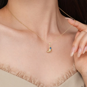 S925 sterling silver croissant necklace with blue gemstone crescent moon pendant